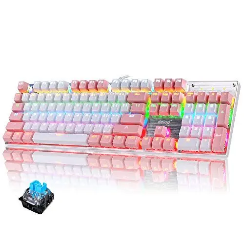 Produktbild: Kabelgebundene mechanische Spieletastatur Blauer Schalter 104 Tasten RGB-Hintergrundbeleuchtungsmodi Anti-Ghosting-Metallplatte Wasserdichtes ergonomisches Layout USB für Gamer-Schreibkräfte (Pink)