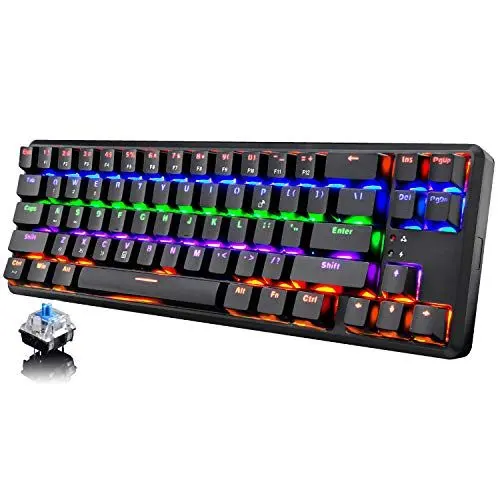 Produktbild: LexonElec Wiederaufladbare Bluetooth-Tastatur, kabelgebunden/kabellos, Dual-Modus, 60% mechanischer Blauer Schalter, 18 LED-Hintergrundbeleuchtung, Gaming-Tastatur, kompakt, 68 Tasten, Typ C, tragbar
