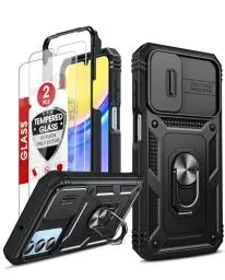 Produktbild: LeYi Kameraschutz Handyhülle für Samsung Galaxy A15 5G Hülle & 2 Hartglas Schutzfolie, Hybrid Kamera Schiebeabdeckung Handy Cover Militär A 15 4G Case Metall Ring Ständer Schutzhülle Schwarz