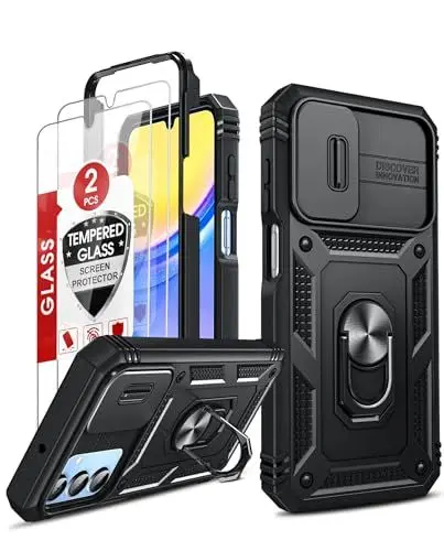 Produktbild: LeYi Kameraschutz Handyhülle für Samsung Galaxy A15 5G Hülle & 2 Hartglas Schutzfolie, Hybrid Kamera Schiebeabdeckung Handy Cover Militär A 15 4G Case Metall Ring Ständer Schutzhülle Schwarz