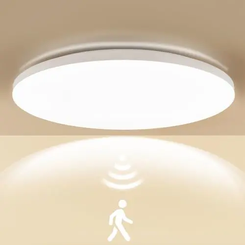 Produktbild: LEZOE LED Deckenleuchte mit Bewegungsmelder, 18W 2450LM 136Lm/W Radar LED Deckenlampe 4000K, IP54 Feuchtraumleuchte Sensorlampe Für Badezimmer, Garage, Treppen, Keller, Flur, Balkon, Diele Bad Ø30cm