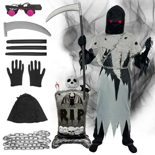 Produktbild: LFBEST Halloween-KostüM füR Kinder,Tod KostüM Kinder,Sensenmann KostüM Kinder,Halloween Trick-Or-Treating,mit Augen SchäDelmaske Sense Skelett Handschuhe Umhang Halloween Dekoration S (5–7 Jahre)