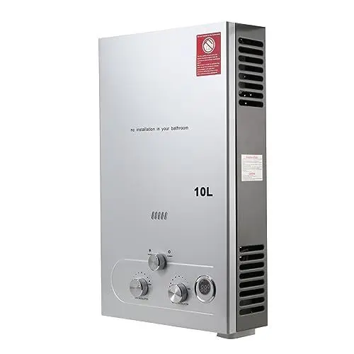 Produktbild: Lfhelper 10L 20KW Gasdurchlauferhitzer, LPG Warmwasserbereiter, 2.64GPM Propangas Tankloser Kesselbrenner Sofort-Heißwasserbereiter mit Duschkopf-Kit für Kleine Häuser, Kabinen, Campingdusche silber