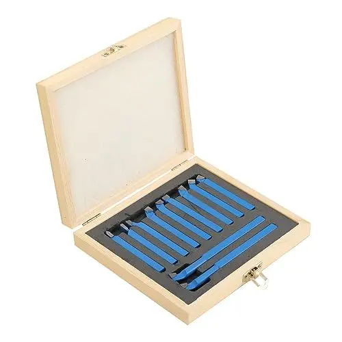 Produktbild: Lfhelper 11 STK Hartmetall Drehstahl Satz Drehmeißel Set 8x 8 mm Drehen Fräsen Schneiden Werkzeug Set Drehmeissel set Wendeplatten-Drehmeißel Hartmetallspitze mit Holzkoffer, Blau