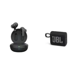 Produktbild: LG Tone Free DFP9 In-Ear Bluetooth Kopfhörer mit Dolby Atmos-Sound & JBL GO 3 kleine Bluetooth Box in Schwarz – Wasserfester, tragbarer Lautsprecher für unterwegs