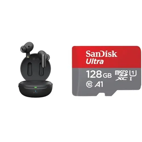 Produktbild: LG Tone Free DFP9 In-Ear Bluetooth Kopfhörer mit Meridian-Sound und Active Noise Cancellation & SanDisk Ultra Android microSDXC UHS-I Speicherkarte 128 GB + Adapter