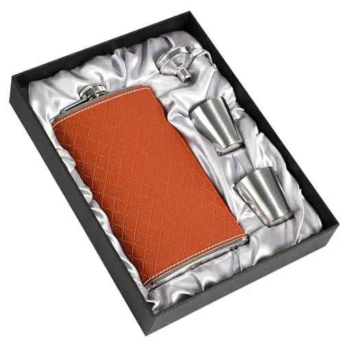 Produktbild: LHD HOME Flachmann für Herren, 350 ml, 304 Edelstahl in Lebensmittelqualität, 2 Tassen und Trichter, tragbare Geschenkbox für Whiskey, Rum, Trauzeugen, Trauzeugen, Usher, Hochzeit, Leder,