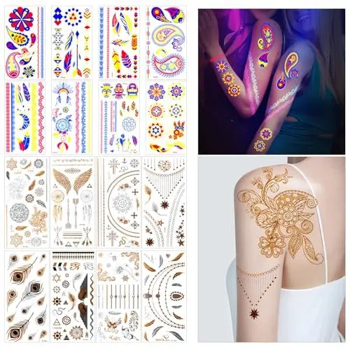 Produktbild: LHOEST 16 Blatt Temporäre Tattoos für Festival, Gold Flash und Leucht tattoos erwachsene, Tattoo zum Aufkleben für Festival Zubehör Accessoires, Glitzer Fake Tattoo Aufkleber Haut Glitzer Body & Face