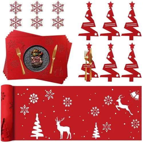 Produktbild: LHOEST 19 Stück Weihnachtsdeko Tischset Tischläufer, Weihnachten Weihnachtsläufer Platzset Tischsets Filz, Weihnachts Platzdeckchen Platzsets Bestecktasche Untersetzer Rot für Weihnachten
