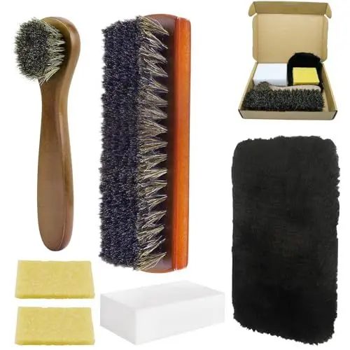 Produktbild: LHOEST Schuhputzsets, 7 Teilig Schuhpflegeset für Wildleder Nubukleder Rauleder Glattleder Pflege, Inkl Wildlederbürste Schuhputzbürste Lederbürste Radiergummi Reinigungstuch (7 Rosshaarbürste)