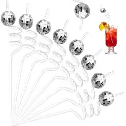 Produktbild: LHOEST Strohhalme Plastik mit Silber Spiegel Diskokugel 8 Stück, Disco Spiegelkugel Cocktail Trinkhalme Plastik Wiederverwendbar, Cocktail Deko strohhalm für Hochzeit Party Accessoires Straw