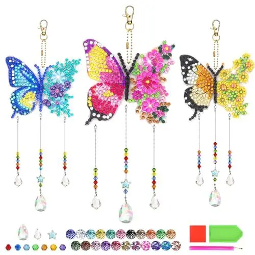 Produktbild: Liangding DIY Diamond Painting 3 Stück Sonnenfänger Kristall Schmetterling zum Aufhängen, Windspiel Bastelset Kinder für Fenster Gartendeko, Geschenk Mädchen ab 5-12 Jahre