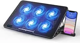 Produktbild: LIANGSTAR Kühler, 6 Leise Fans Gaming Cooler Kühlpads, 7 Höhenverstellbar & Handyständer, 2 USB Ports & Einstellbarer Geschwindigkeit, Laptop Lüfter für Notebook Bis 17 Zoll (Blau)