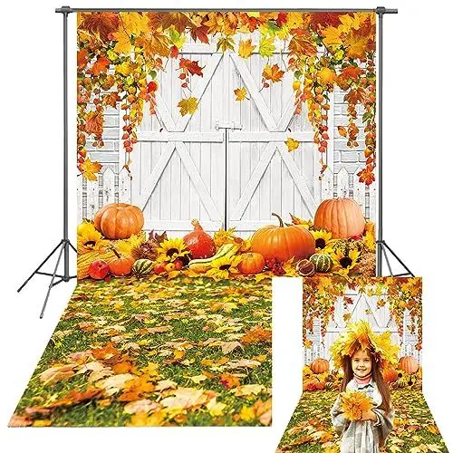 Produktbild: LIANNE 1,5 x 2,1 m Herbst Ahornblatt Holzkulisse Kürbis Gras Holztür Fotohintergrund Sonnenblume Ernte Herbst Baby Shower Fotostudio Portrait Requisiten