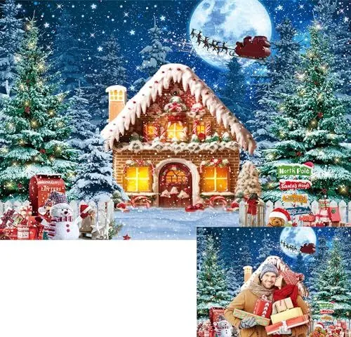 Produktbild: LIANNE 2,1 x 1,5 m Weihnachtshaus-Vollmond-Hintergrund, Winter, Schnee, Kiefernbaum, Wald, Hintergrund, Leigh Nordpol, Dorf, Weihnachtsabend, Kind, Babyparty, Fotokabinen-Banner