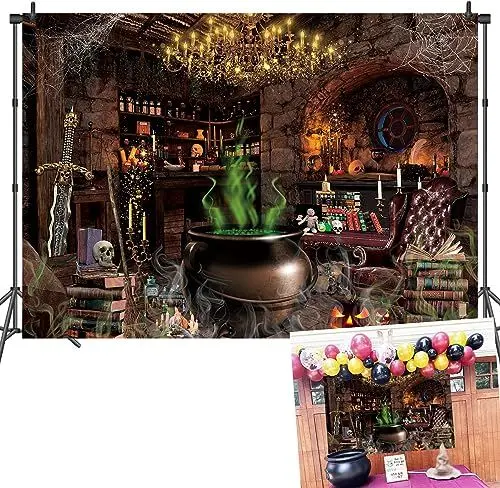 Produktbild: LIANNE 2,4 x 1,8 m Hexenlabor Kulisse Halloween Magischer Kessel Hintergrund Totenkopf Apotheker Zauberer Kinder Erwachsene Fotostand Shooting Requisiten