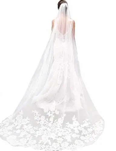 Produktbild: LianShi Brautschleier - Einlagiger Hochzeitsschleier Mit Spitze-Stickerei, 3m (Elfenbeinfarben)