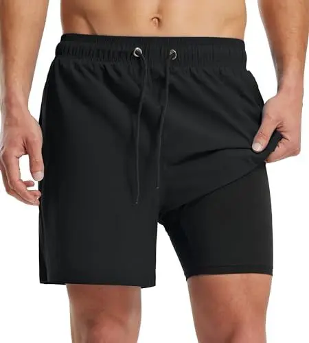 Produktbild: Libin Badehose Herren mit Kompression Liner 2 in 1 Short, Atmungsaktiv Quick-Drying Badeshorts Schwimmhose, Männer Leichtes Elastisch Trainingsshorts Mit Reißverschlusstaschen,Schwarz,X-Groß