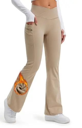 Produktbild: Libin Thermo Bootcut Yogahose Damen Fleece Gefütterte Winter Warme Slim Fit Flared Leggings Wasserdicht Blickdicht V Crossover Sporthose Laufhose Damen mit Taschen, Khaki, M