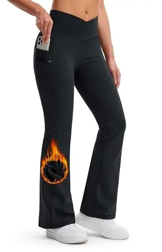 Produktbild: Libin Thermo Bootcut Yogahose Damen Fleece Gefütterte Winter Warme Slim Fit Flared Leggings Wasserdicht Blickdicht V Crossover Sporthose Laufhose Damen mit Taschen, Schwarz, L