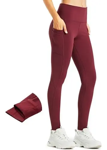 Produktbild: Libin Thermo Leggings Damen Winter Warm Thermoleggins Laufhose High Waist Wasserabweisend Thermohose Sportleggins Damen Lang mit Taschen, Rubinwein, M