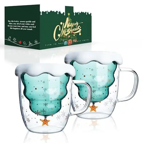Produktbild: LIBWYS Süße Tassen Weihnachtstasse Becher 2er Set, Weihnachten Geschenke Teegläser Kaffeeglas Doppelwandige Thermoglas für Espresso Latte Macchiato (300ml*2) (2024 Weihnachten)