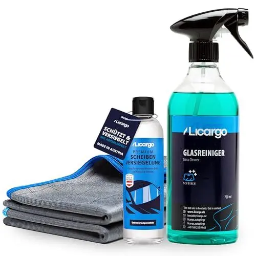 Produktbild: LICARGO® 3-teiliges Scheiben Set - Scheibenversiegelung 250ml & 2X Premium Carbontücher & Glasreiniger Auto (750ml)