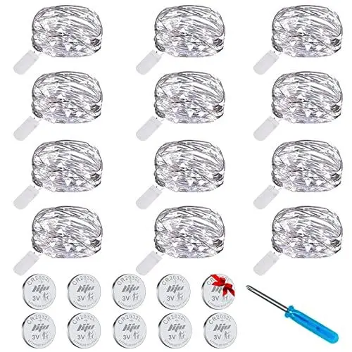 Produktbild: Lichterkette Batterie 12 Stück, 2M LED Lichterkette mit Batterie Klein, Mini Lichterkette mit 34 Batteries(CR2032), IP67 Wasserdicht Lichterkette Draht, Decoration für Party, Weihnachten (Weiß)