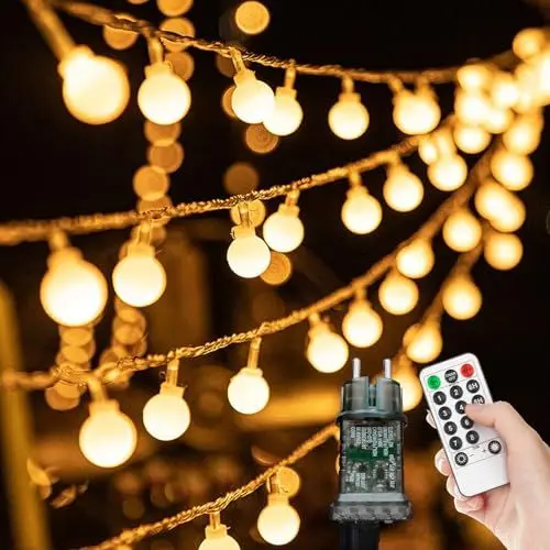 Produktbild: Lichterkette Außen Innen - 15M 100 LED Kugel Lichterkette, Outdoor Strom Lichterketten mit 8 Modi IP44 Wasserdicht, Ideal für Kinderzimmer, Gartenbeleuchtung, Partybeleuchtung, Terassen Balkon Deko