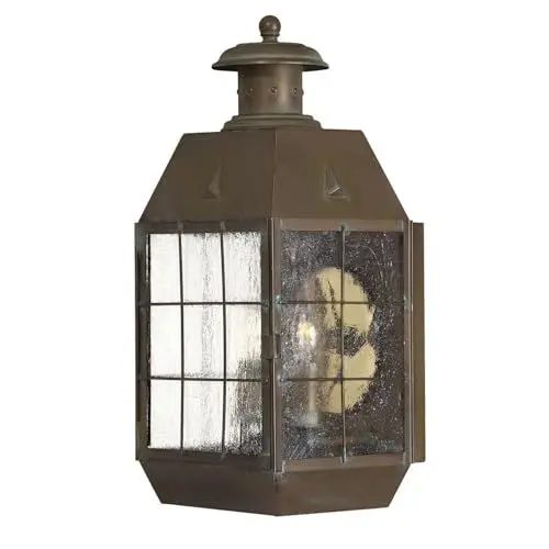 Produktbild: Licht-Erlebnisse Außenwandleuchte Messing Glas IP44 42,6 cm hoch in Antik 2x E14 Maritim Wandlampe außen Terrassenlampe Balkon Lampe Außenlampe