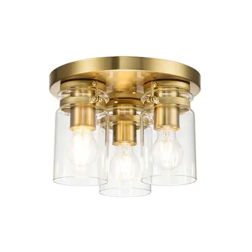 Produktbild: Licht-Erlebnisse Deckenlampe klein Metall Glas E27 28,2 cm breit rund in Messing 3-flammig Industrial Design Deckenleuchte Wohnzimmer Flurlampe