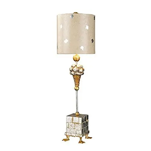 Produktbild: Licht-Erlebnisse Edle Tischlampe AMIN Blattsilber Stoff H:102cm Ø23cm Modern Design Bodenlampe Wohnzimmer Schlafzimmer