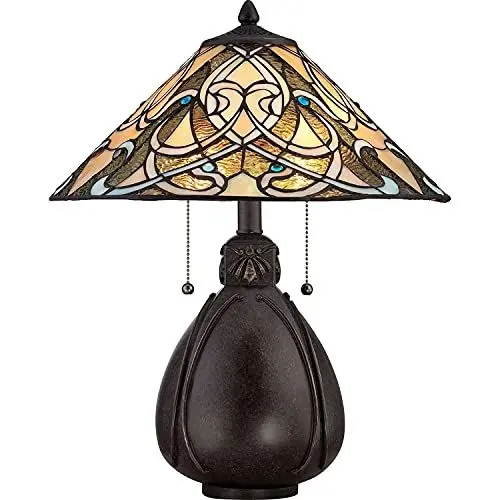 Produktbild: Licht-Erlebnisse Tiffany Lampe ETERNO 5 in Antik Bronze Buntglas H:50cm Premium Design Tischleuchte Wohnzimmer Schlafzimmer