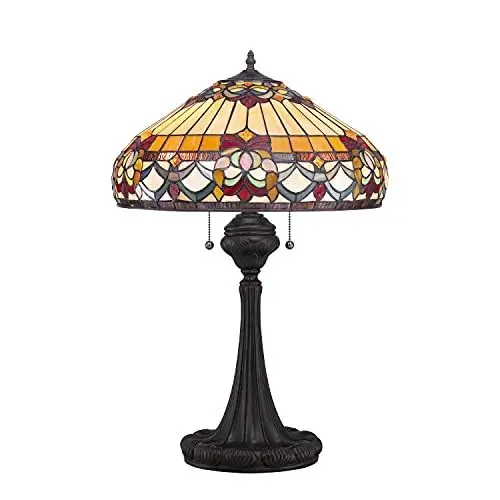 Produktbild: Licht-Erlebnisse Tiffany Lampe in Bronze antik Gold Zugschalter 69cm hoch kunstvolles Buntglas Tischleuchte Wohnzimmer