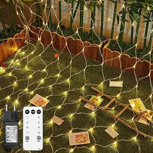 Produktbild: Lichternetz Außen, 3x2m 200 LED Lichterkette Außen, Lichternetz Lichtervorhang mit Stecker Warmweiß, IP44 Wasserdicht, Fernbedienung Timer 8 Modi, für Büsche Garten Weihnachtsbaum Zimmer Balkon