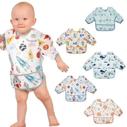 Produktbild: Lictin Lätzchen Baby, 5 Stück Lätzchen mit Ärmeln, Baby Lätzchen für 0-24 Monaten, Lätzchen mit Auffangschale, Babylätzchen für Jungen, Lätzchen Baby Abwaschbar, Baby Bibs 5 Muster