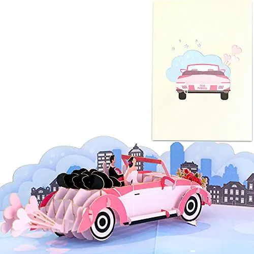 Produktbild: Liebessa handgemachte 3D Pop-Up Hochzeitskarte mit Hochzeitsauto – Glückwunsch-, Einladungs- und Geschenkkarte zur Hochzeit, Verlobung, Standesamt & Flitterwochen.