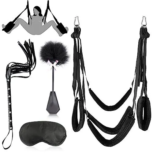 Produktbild: Liebesschaukel Sexschaukel Tür und für die Decke,Liebesschaukeln 4er Set,Liebesschaukel Sex Möbel mit 5 Extra Breite Polstern,Peitsche,Augenmaske,Federkitzler,Sex Swing Belastbar Bis 100kg (Schwarz)