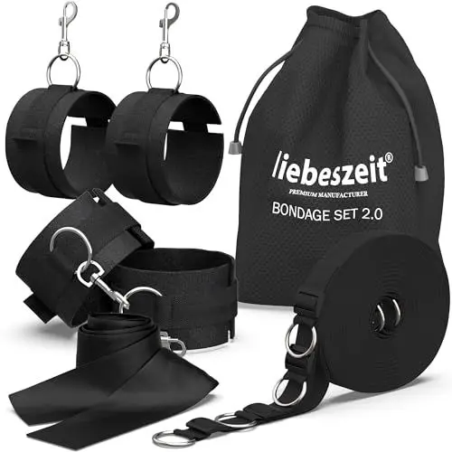Produktbild: LIEBESZEIT© Premium Handschellen Sex Bett Bondage-Set - NEUHEIT 2024 - Bondage Fesseln Set Sex-Spielzeug für Paare Bettfesseln Extrem Handfesseln Hart Bondageset Bed Handcuffs BDSM SM Toys, Augenbinde