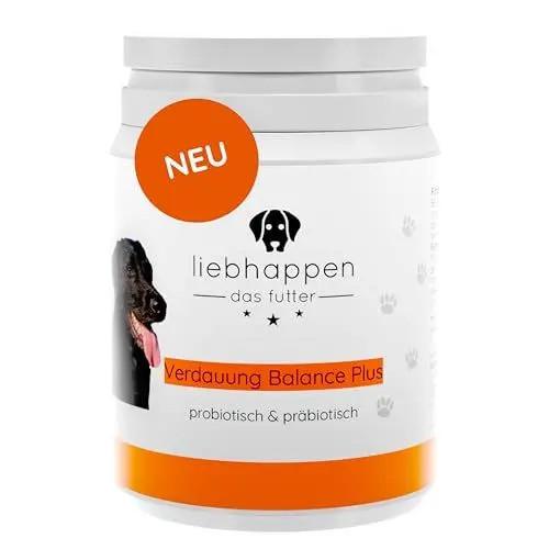 Produktbild: liebhappen Verdauung Balance Plus – Diät-Ergänzungsfuttermittel für Hunde – Unterstützt die Verdauung – Mit Probiotika & Präbiotika – Natürliche Inhaltsstoffe wie Hefe & Curcumawurzel – 100 Tabletten