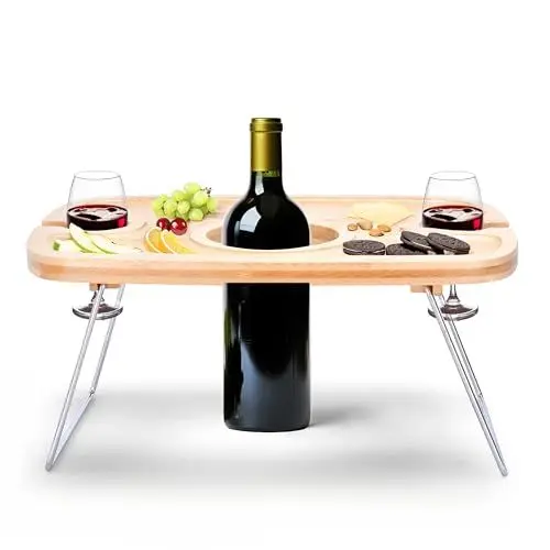 Produktbild: Liebspecht Wein-Picknick-Tisch - Aperitivo Tablett - tragbarer Picknick-Tisch für 2 Gläser und 1 Flasche - Bambusholz mit Metallfüßen - Ideal für Garten, Camping, Outdoor - 38x28x15,5 cm