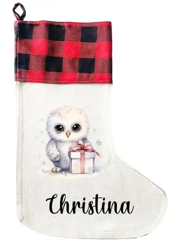 Produktbild: LIEBTASTISCH - Personalisierte Weihnachtssocken mit Tieren - 40cm x 30cm - Weihnachtsstrumpf zum Nikolaus oder Weihnachten - Namen - Geschenkbeutel - Nikolausstiefel zum Aufhängen (Schneeeule)