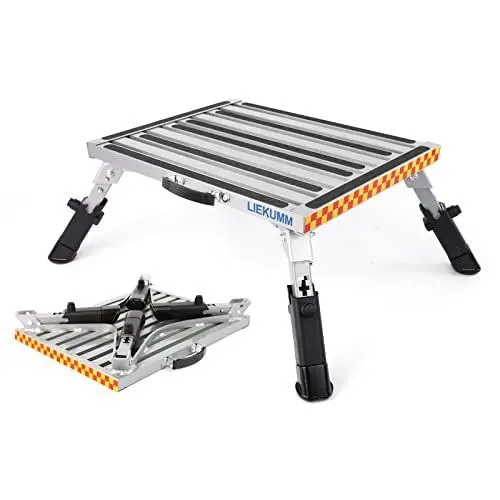 Produktbild: LIEKUMM Alu Tritthocker, Klapptritt, bis 450kg, 48x37cm Trittleiter mit Rutschfester Plattform, Höhenverstellbar 17-20,5 cm, Wohnwagen Trittstufe, Geeignet für Küche, SUV, mit Leuchtstoffstreifen