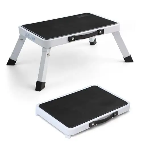 Produktbild: LIEKUMM Klappbarer Tritthocker 18 cm hoch, 150 kg Tragkraft – Leichte Trittstufe aus Stahl für Küche, Haushalt und Wohnwagen, mit Rutschfester Plattform und Gummifüßen, Weiß