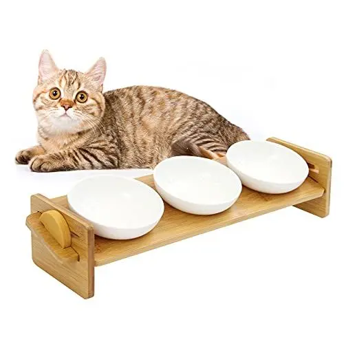 Produktbild: LIEKUMM Schräg Titel-Keramik-Doppelnapf Erhöhter Fressnapf mit Rutschfestem Bambushalter und Rutschfestem Silikon, Geeignet für Katzen und Welpen