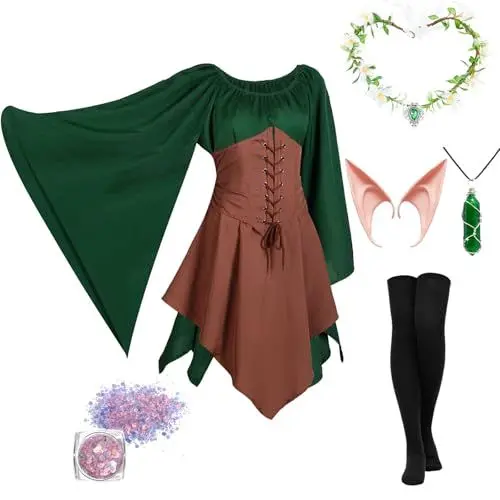 Produktbild: LIEOLGOH Damen Mittelalter Kleid, Traditionelles Irisches Kleid Kostüm für Damen, Renaissance Elfen Kostüm, Gothic Kleid Damen mit Elfenohren, Haarschmuck, Ohrclips, Overknee Socken (Braun, L)