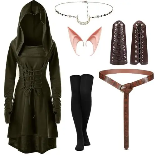 Produktbild: LIEOLGOH Mittelalter Kleidung Damen, Renaissance Kostüm Kleid mit Kapuze, Gothic Elfen Damen, Halloween Kostüm mit Armschützern Gürtel Elfenohren Haarschmuck Strümpfe Zubehör (XL)