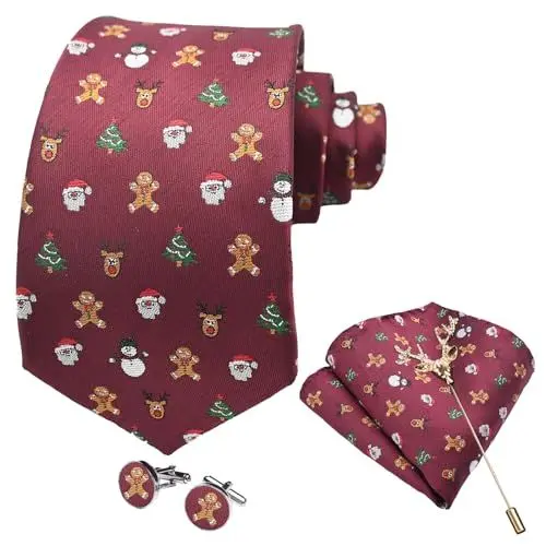Produktbild: LIEOLGOH Weihnachts Krawatte für Herren Weihnachts Klassisch Muster Xmas Party Festlich Krawatten mit Einstecktuch Manschettenknöpfe Brosche Set (Weihnachtsmann)