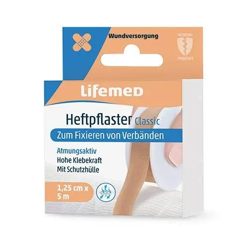 Produktbild: Lifemed - Heftpflaster 5 m x 1,25 cm hautfarben Classic - einfaches Fixieren von Verbänden, 3er Pack (3 x 1 Stück)