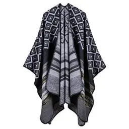 Produktbild: Lifetooler Frauen Poncho Open Front Winterstrickjacke Lady Wendeumhang Bedruckte übergroße Umhänge Karierte Strickdecke Tartan Decke Bohemia Geometrisches Muster Schal (rhombens-schwarz)